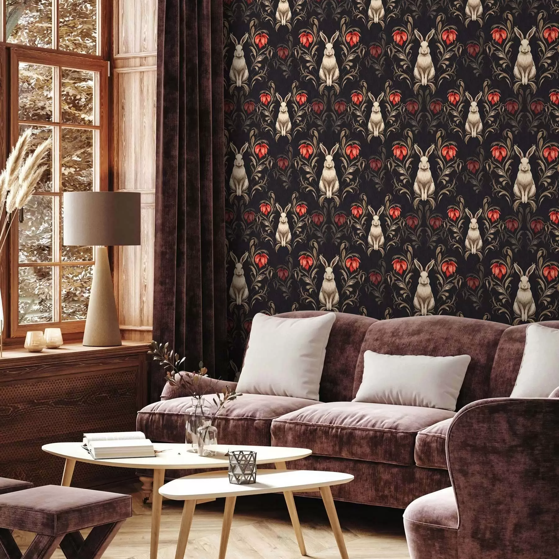 Valokuvatapetti Jänis ja punaisia kukkia tummalla taustalla a00102