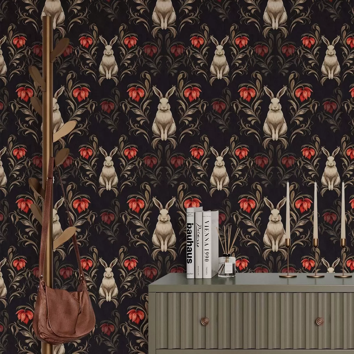 Taustakuva Jänis ja punaisia kukkia tummalla taustalla a00102