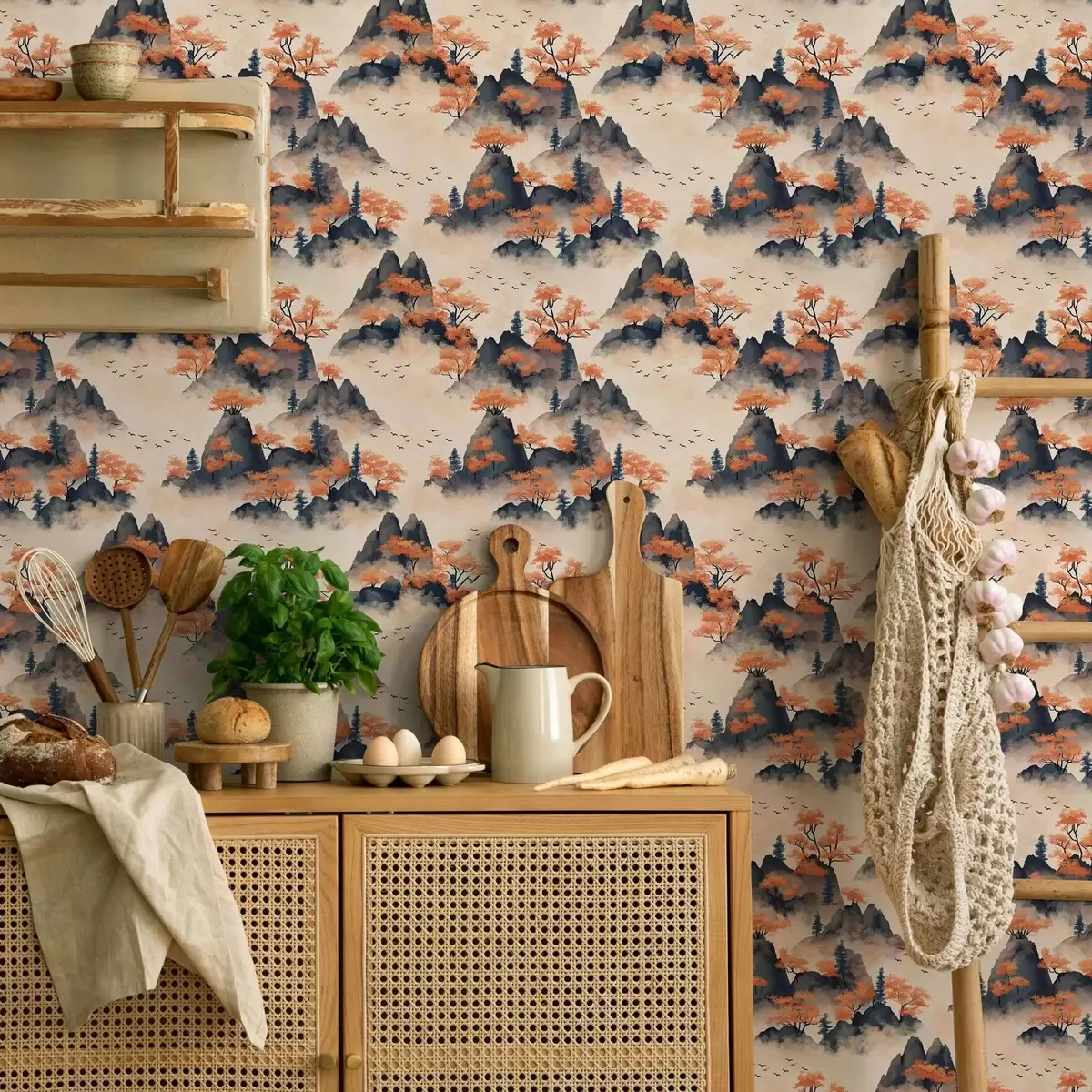 Taustakuva Syksyn vuoret sumussa, oranssit puut ja linnut a00104