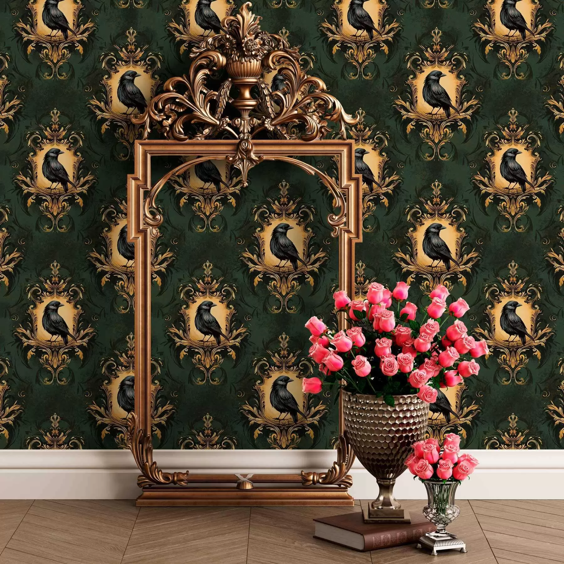 Valokuvatapetti Varis kehyksessä vihreällä taustalla a00105