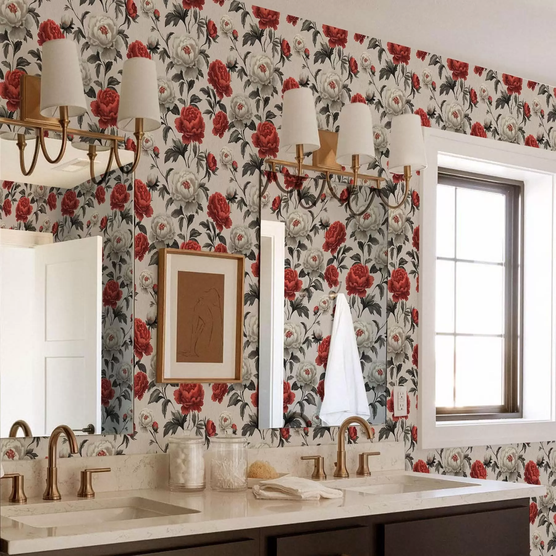 Valokuvatapetti Pionit retro-tyyliin beige taustalla a00107