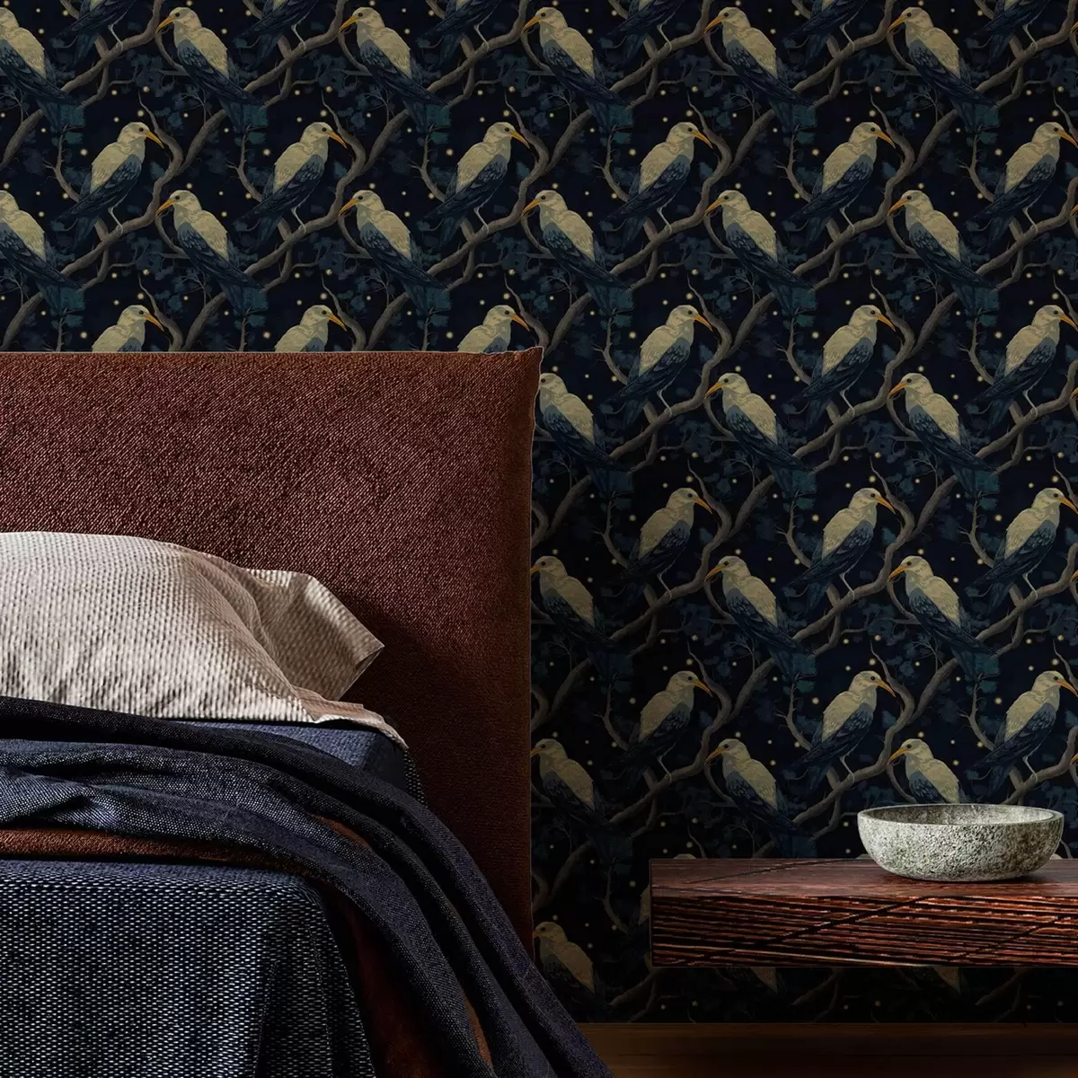 Taustakuva Yölinnut oksilla ja tähdet tummansinisellä taustalla a00109v1