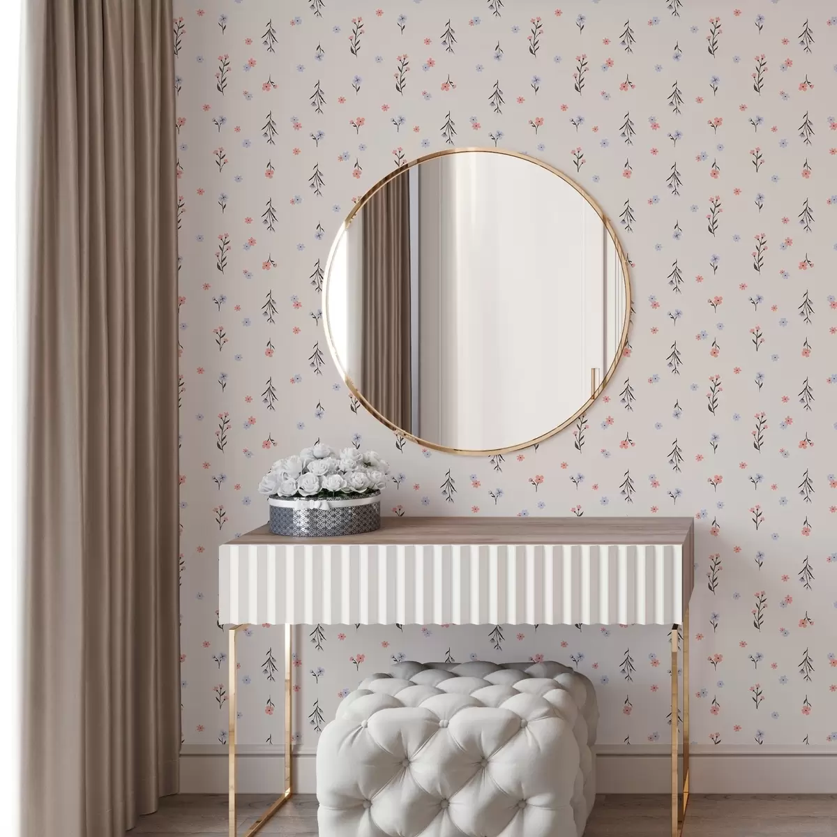 Taustakuva Pieniä kukkia vaaleanpunaisen ja sinisen sävyjä kermanvärisellä pohjalla a00110