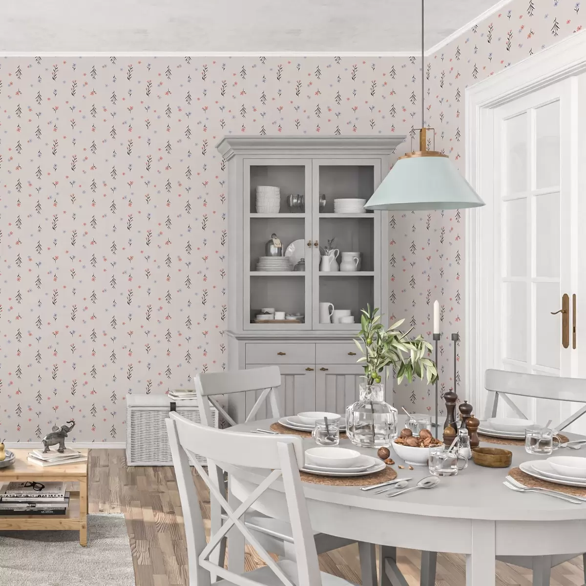 Taustakuva Pieniä kukkia vaaleanpunaisen ja sinisen sävyjä kermanvärisellä pohjalla a00110