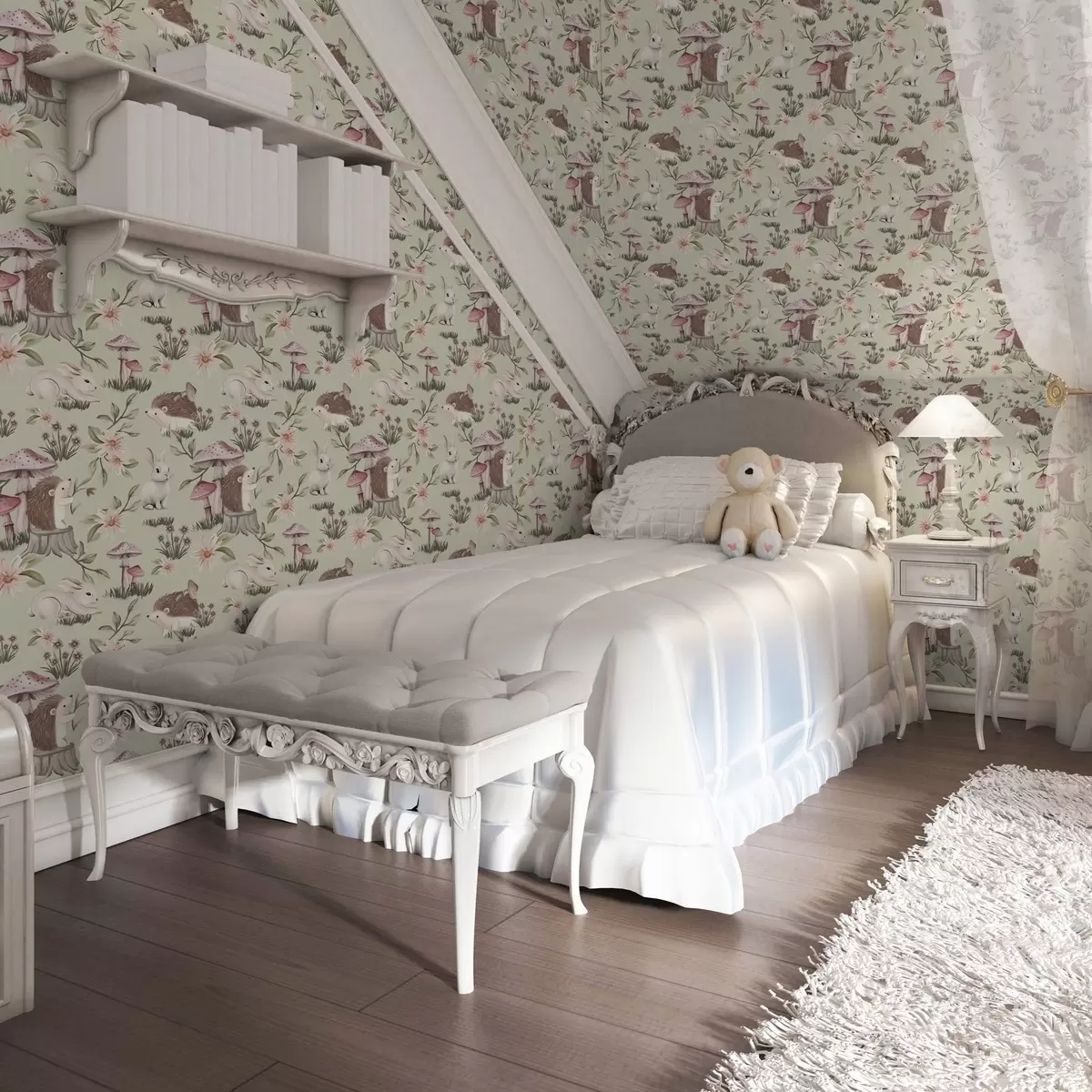 Taustakuva Satumaista eläimiä ja kukkia vihreällä pohjalla herkillä pastelliväreillä a00111v1