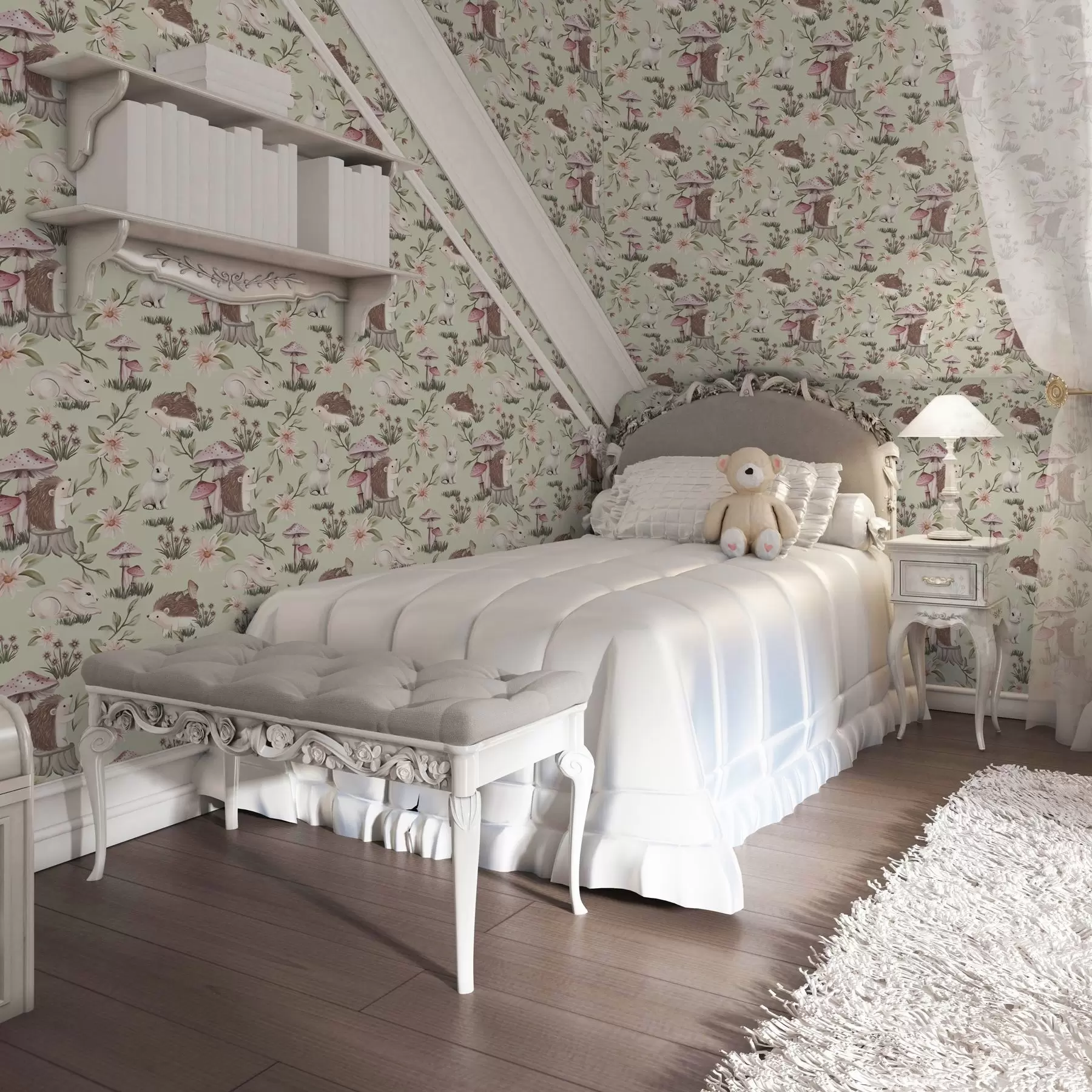 Valokuvatapetti Satumaista eläimiä ja kukkia vihreällä pohjalla herkillä pastelliväreillä a00111v1