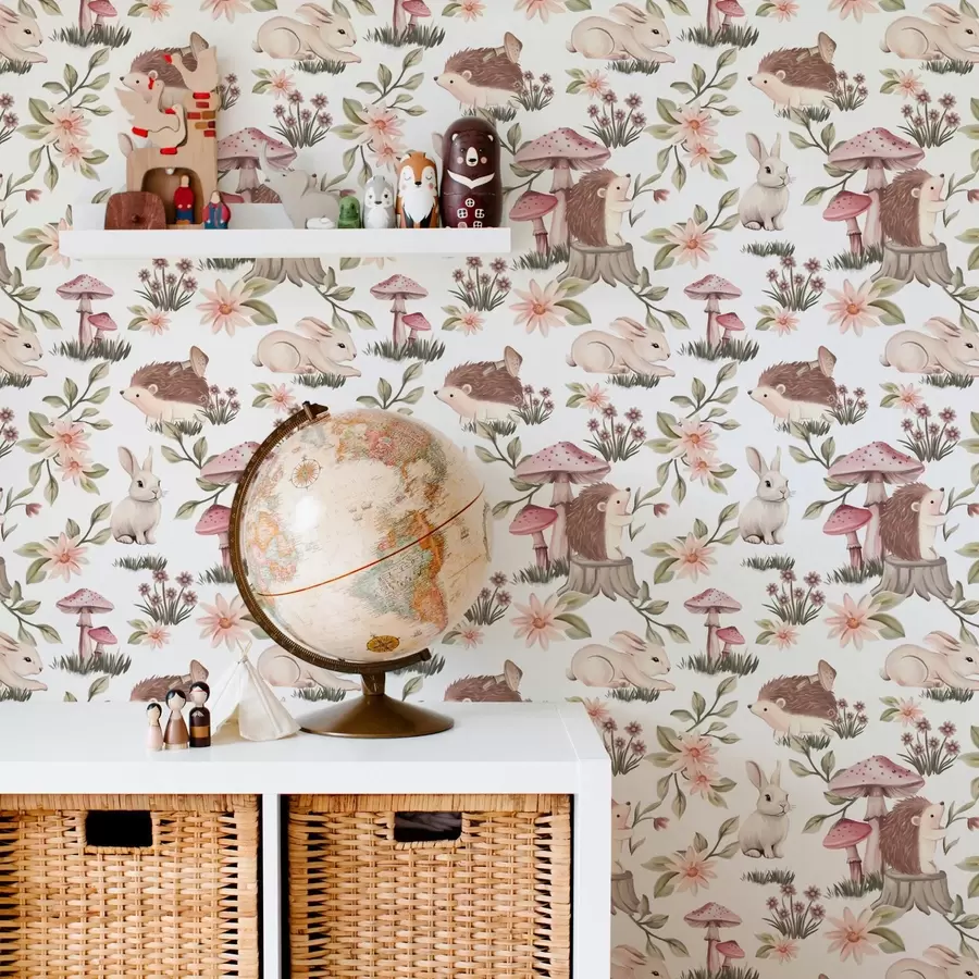 Valokuvatapetti Siilejä ja kaneja valkoisella pohjalla, jossa on herkkiä kukkia ja sieniä a00111v2