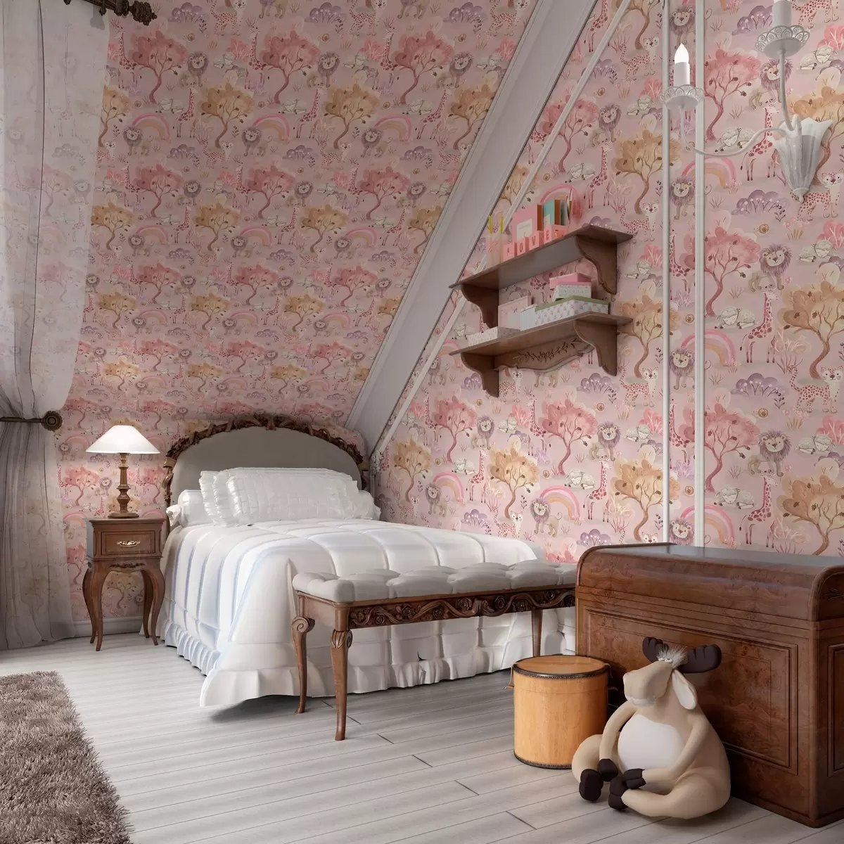 Taustakuva Leijonanpentuja, kirahveja ja sateenkaaria pastellivärisessä metsässä a00112