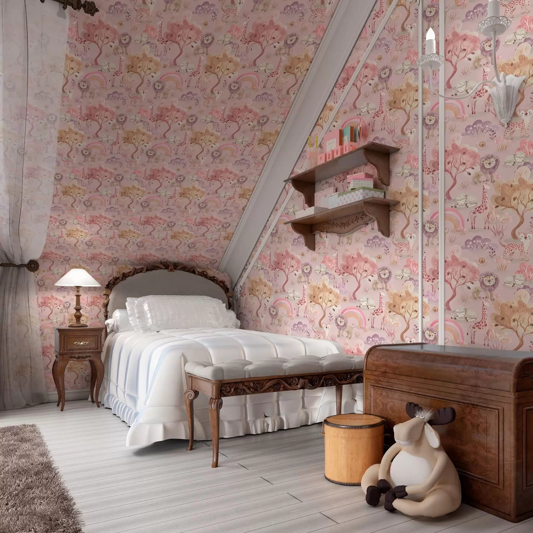 Valokuvatapetti Leijonanpentuja, kirahveja ja sateenkaaria pastellivärisessä metsässä a00112