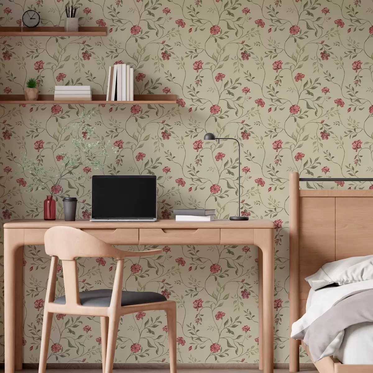 Taustakuva Kukkia ja punaisia silmuja vaalealla taustalla a00114