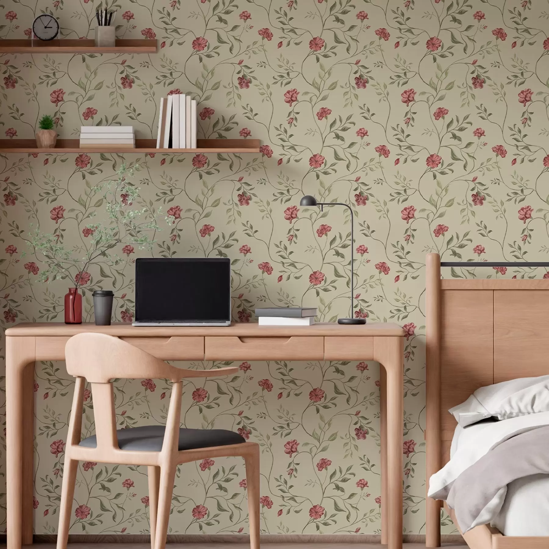 Valokuvatapetti Kukkia ja punaisia silmuja vaalealla taustalla a00114