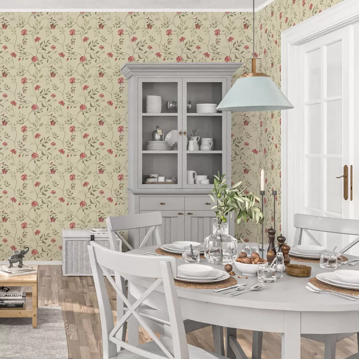 Taustakuva Kukkia ja punaisia silmuja vaalealla taustalla a00114