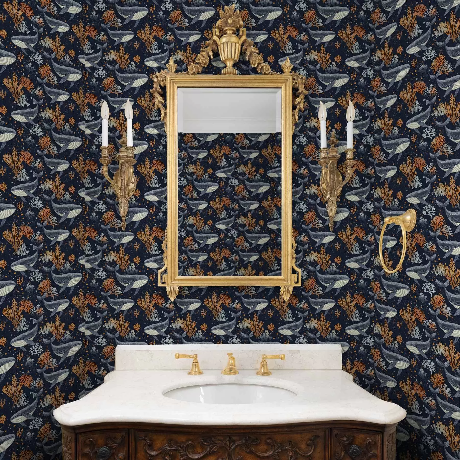 Valokuvatapetti Merivalaita ja koralleja tummalla taustalla a00116