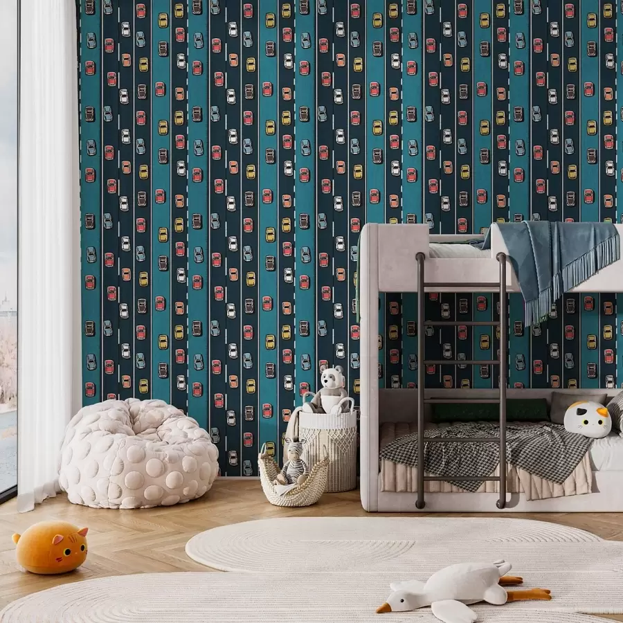 Valokuvatapetti Retro auto laivastonsinisellä tiellä 60-luvun tyyliin a00118