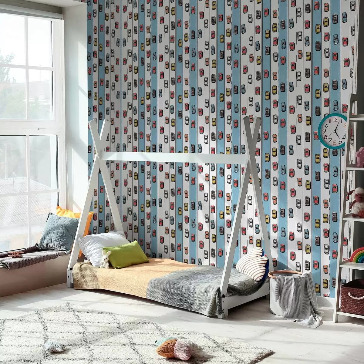 Taustakuva Retroauto valkoisella ja sinisellä tiellä 60-luvun tyyliin a00118v2