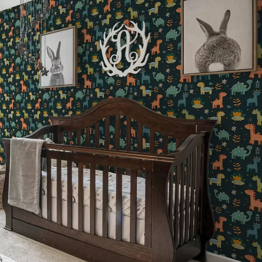 Valokuvatapetti Hauskat dinosaurukset pastelliväreissä tummalla taustalla a00125v2