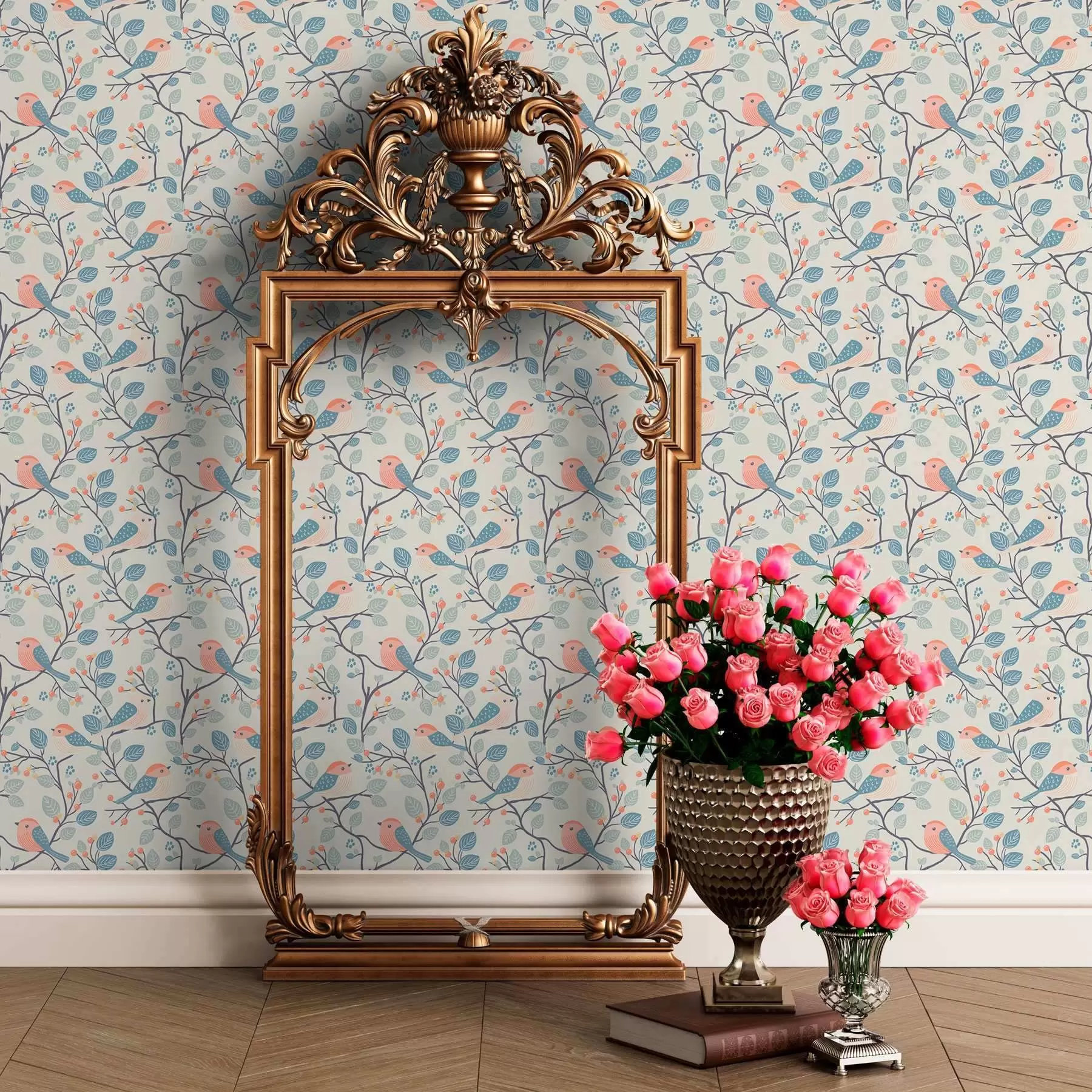 Valokuvatapetti Pastellilintuja ja oksia vaalealla taustalla a00128