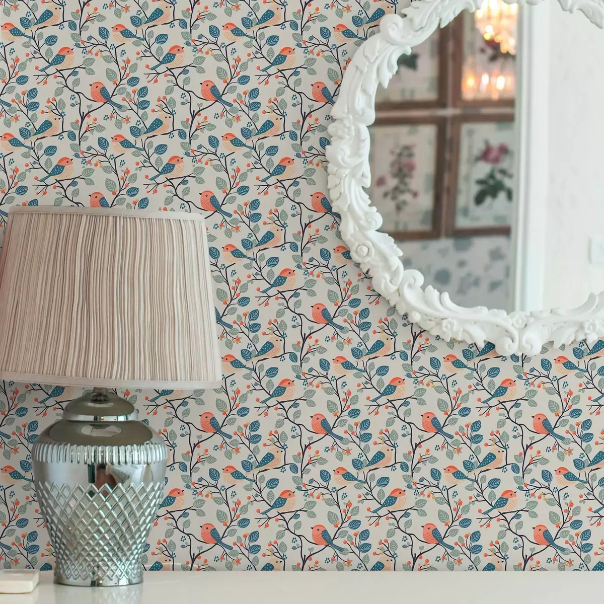 Taustakuva Lintuja oksilla ja marjoja lämpimissä väreissä a00128v1