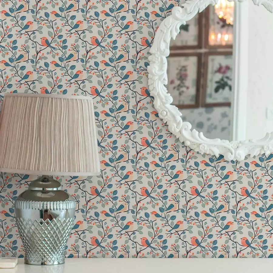 Valokuvatapetti Lintuja oksilla ja marjoja lämpimissä väreissä a00128v1