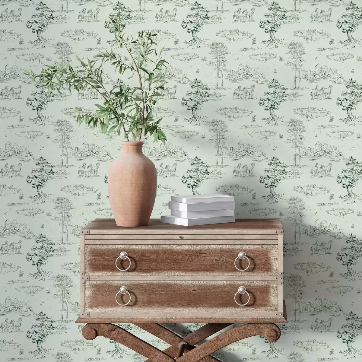 Taustakuva Kohtaus, jossa hevosia, puita ja linna vihreällä taustalla a00133v1