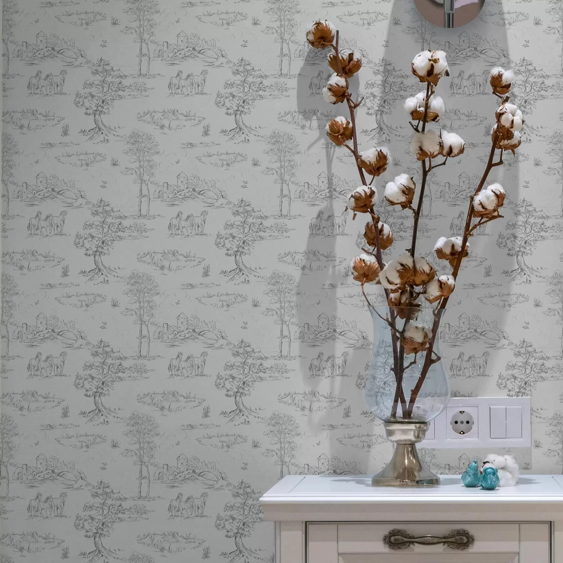 Valokuvatapetti Maisema ja hevoset harmaa ja valkoinen tyyliin a00133v2