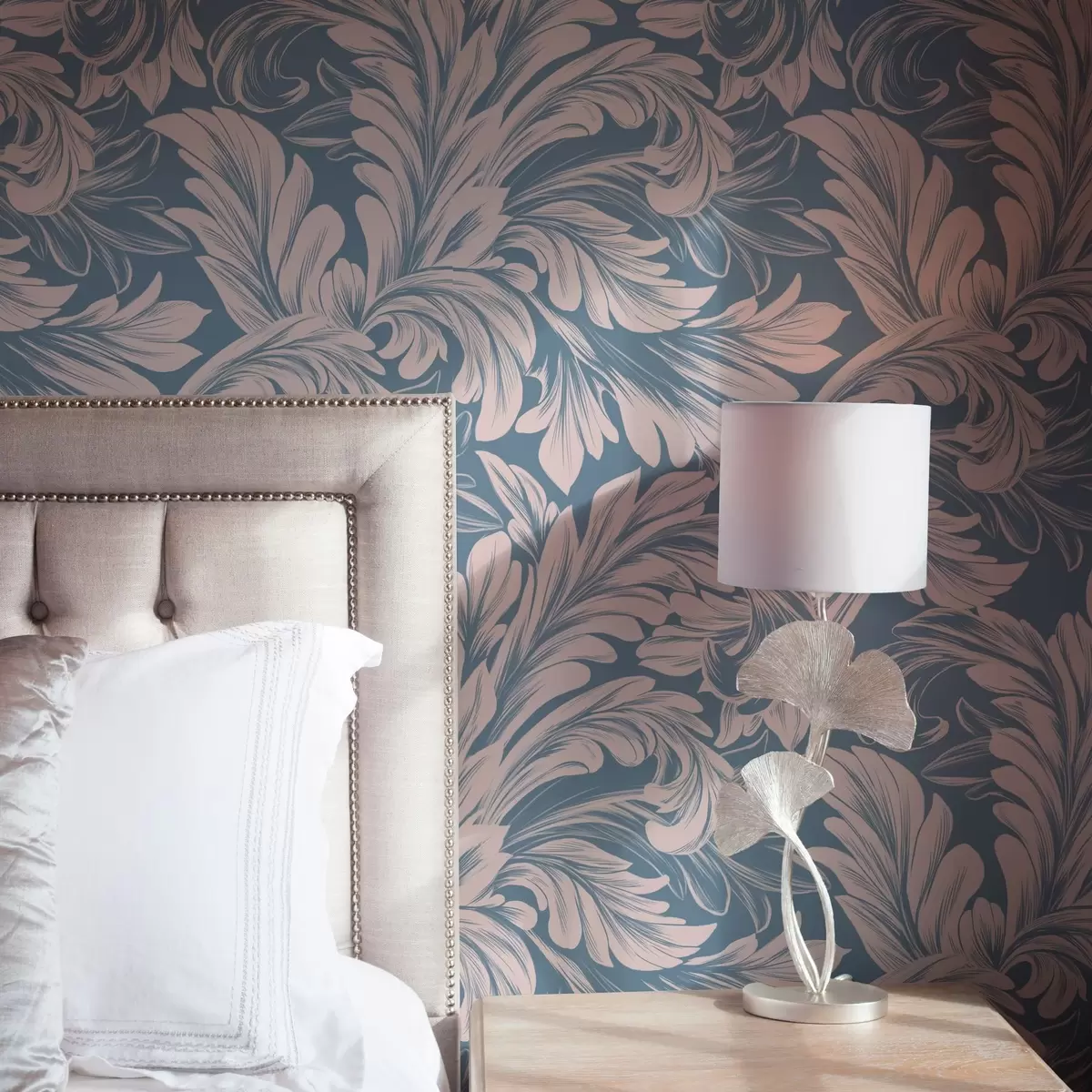 Taustakuva Kasvien kiharat kerman sävyisinä sinisellä ja harmaalla pohjalla a00135v2