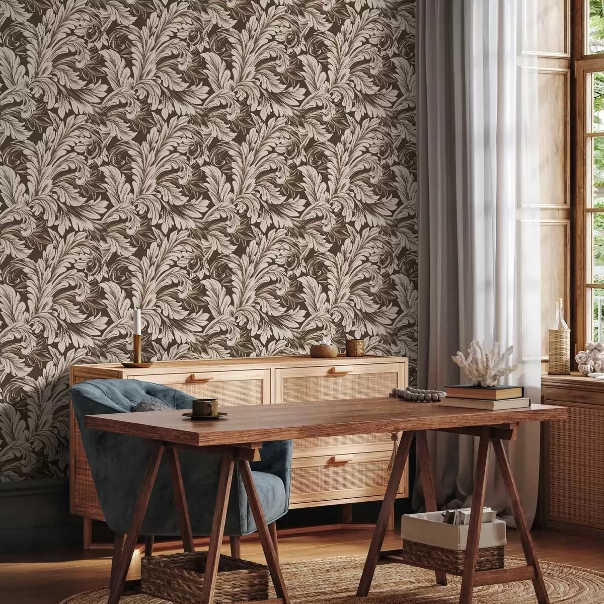 Taustakuva Barokkikuvio, jossa on lehtiä tummalla pohjalla a00135v5