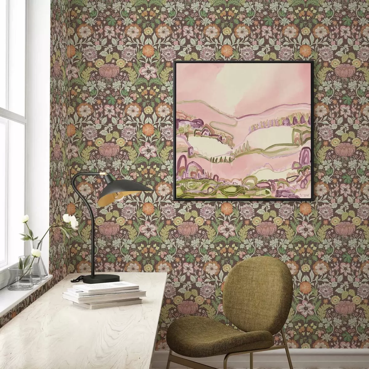 Taustakuva Värikäs kuvio, jossa on vehreyttä ja kukkia a00145v3