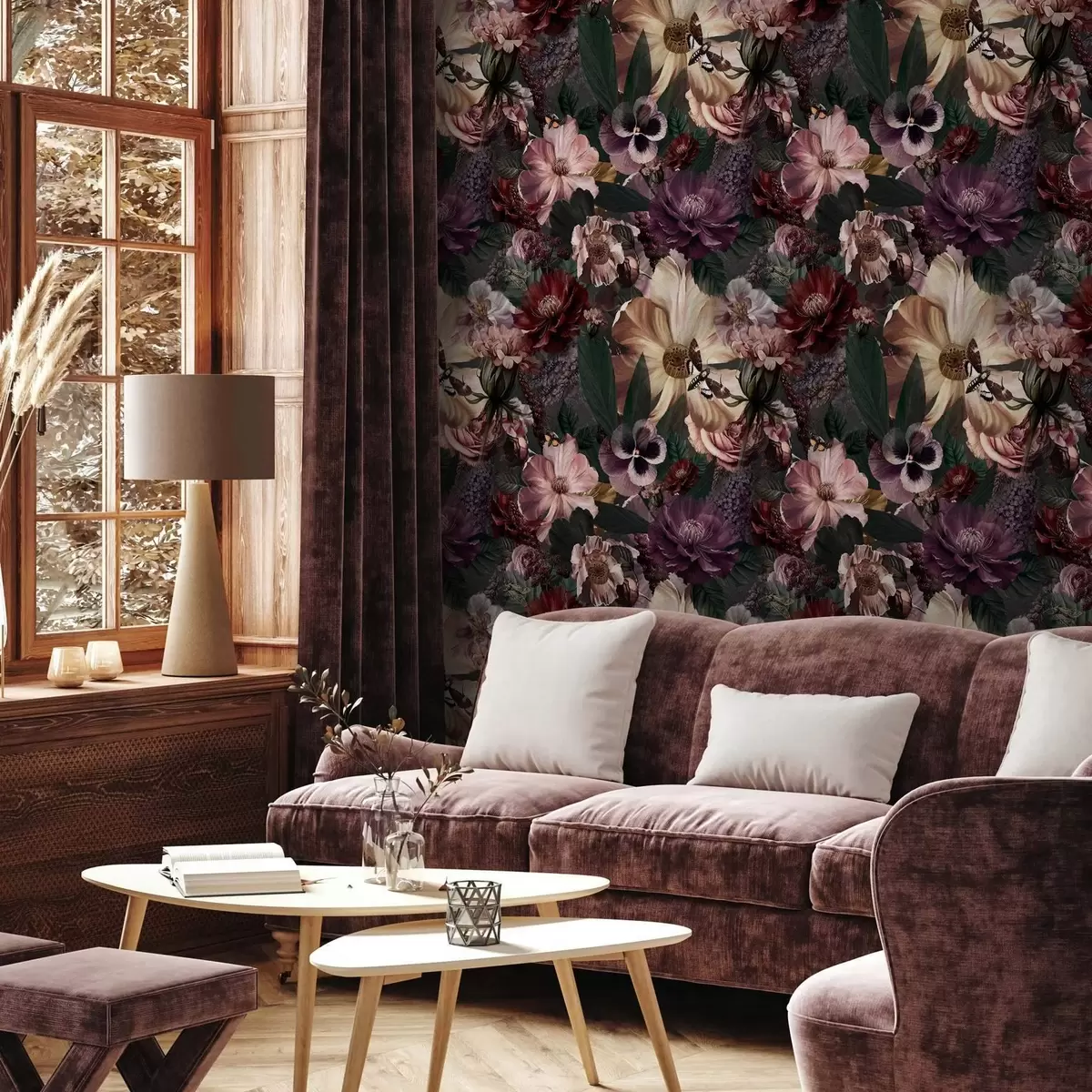 Taustakuva Taidekukkapainatus tummissa väreissä a00147