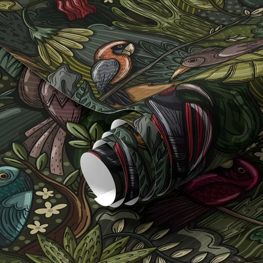 Valokuvatapetti Eksoottisia lintuja viidakossa kaiverruksen tyyliin a00157