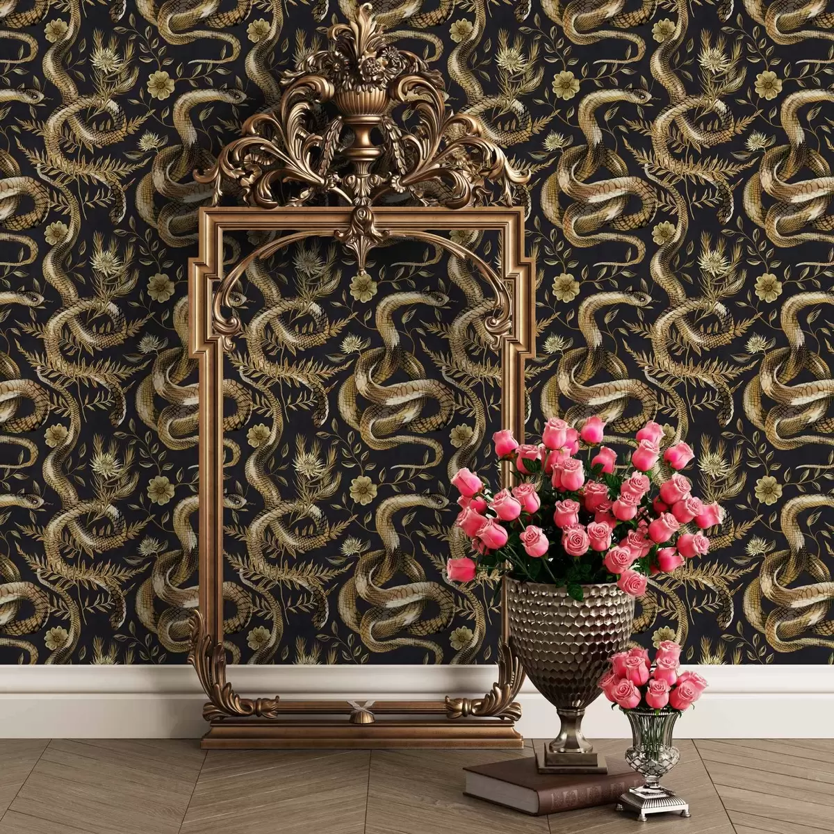 Taustakuva Käärmeitä ja kukkia tummalla taustalla a00158