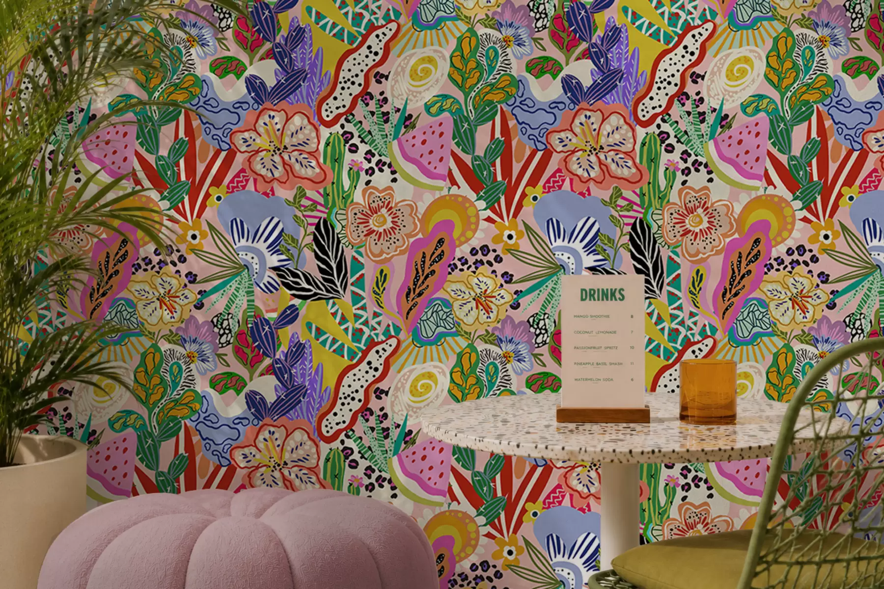 Valokuvatapetti Abstrakti kukkapainatus pop art -tyyliin a00167