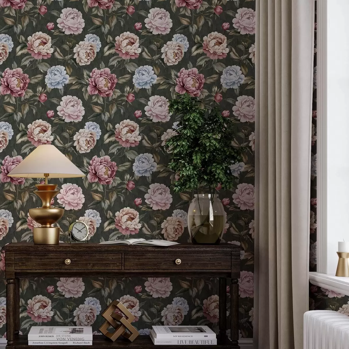 Taustakuva Pionit tummanvihreällä taustalla a00106