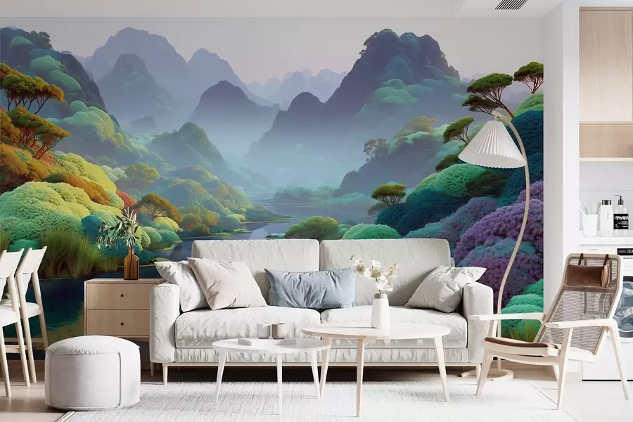 Valokuvatapetti Vuoristomaisema, jossa on joki sinisin sävyin, puita ja pensaita w09088