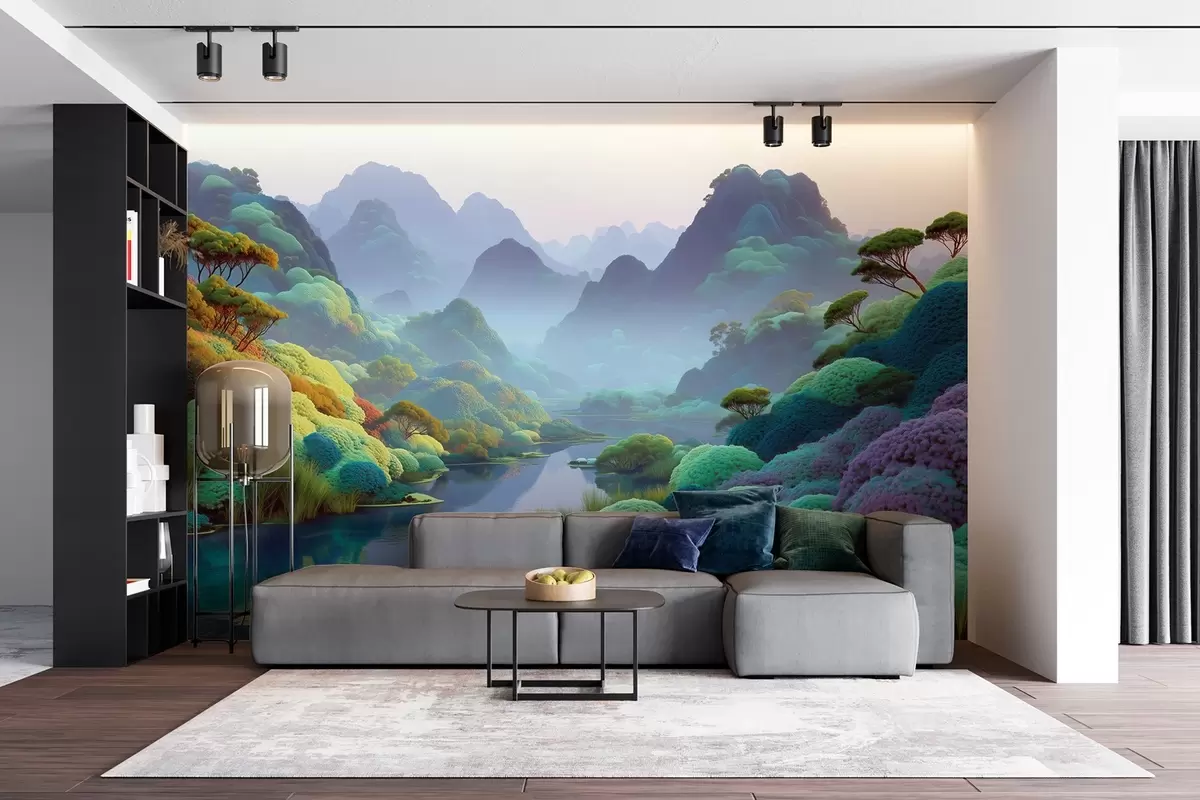 Valokuvatapetti Vuoristomaisema, jossa on joki sinisin sävyin, puita ja pensaita w09088