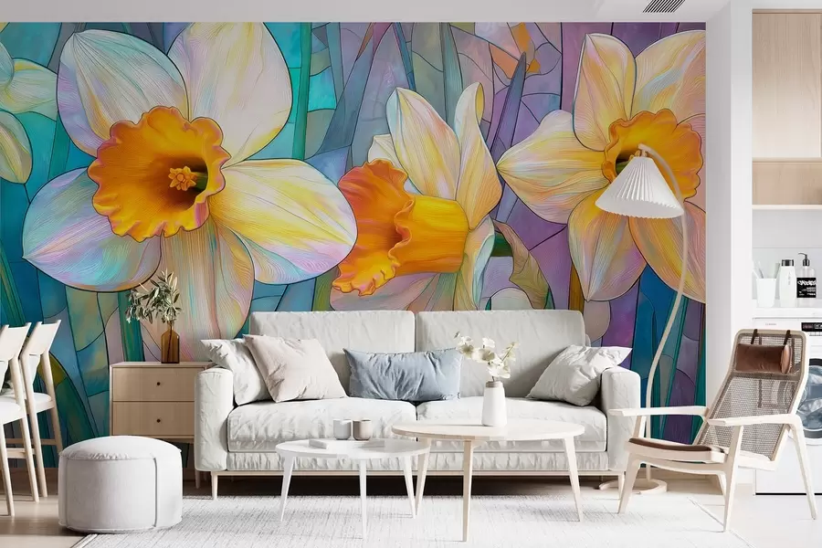 Valokuvatapetti Värikkäät narsissit sini-violetti lasimaalaus taustalla w09092