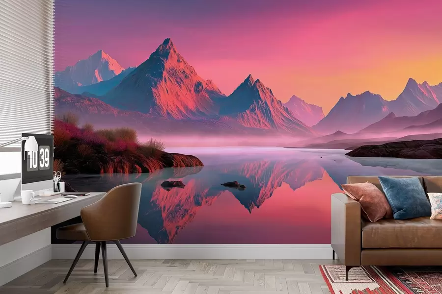 Valokuvatapetti Romanttinen auringonlaskun maisema, jossa on joki ja vuoret vaaleanpunaisissa sävyissä w09093