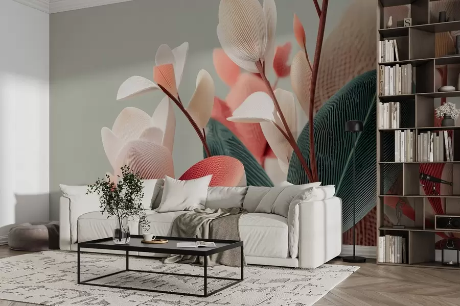 Valokuvatapetti Pastellin ja vihreän sävyisiä kuvioituja kukkia ja lehtiä w09094