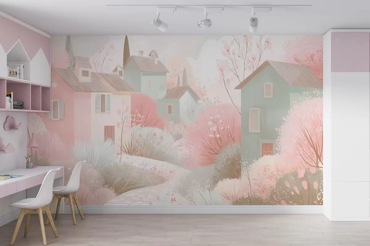 Valokuvatapetti Satumainen kaupunki öljyvärimaalauksen tyyliin vaaleanpunaisissa sävyissä w09095