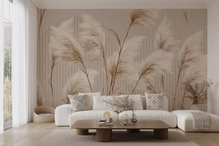 Valokuvatapetti Pampasruohoa beigeä viivojen taustaa vasten w09104