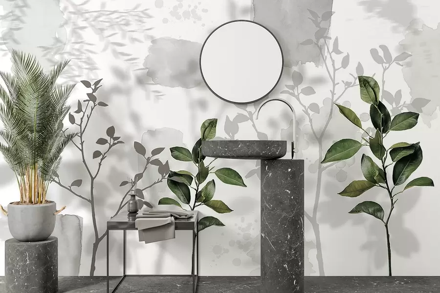 Valokuvatapetti Sitruunapuun lehdet, puun oksien varjot, luonto, akvarelli, vihreä w03910v1