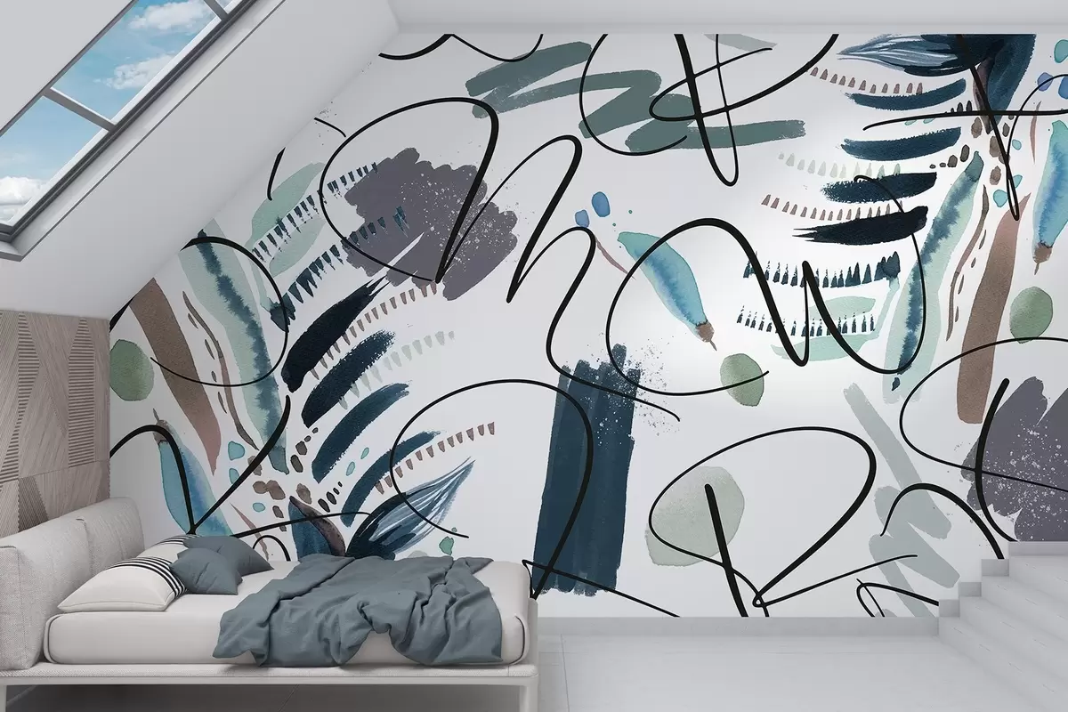 Valokuvatapetti Mustekirjaimet, kalligrafia, siveltimenvedot, siniset värit, abstraktio w03912v2