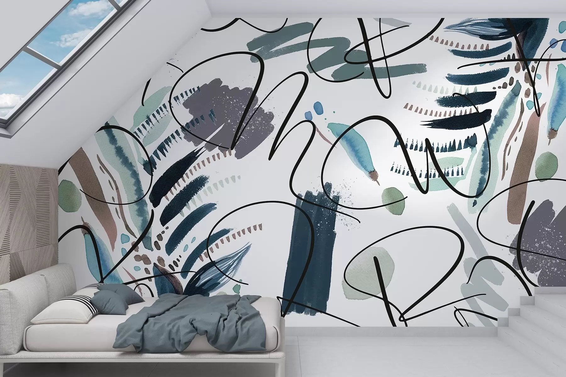 Valokuvatapetti Mustekirjaimet, kalligrafia, siveltimenvedot, siniset värit, abstraktio w03912v2