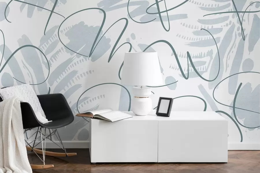 Valokuvatapetti Kalligrafinen abstraktio kirjaimilla, siveltimenvedoilla, sininen väri w03913v1