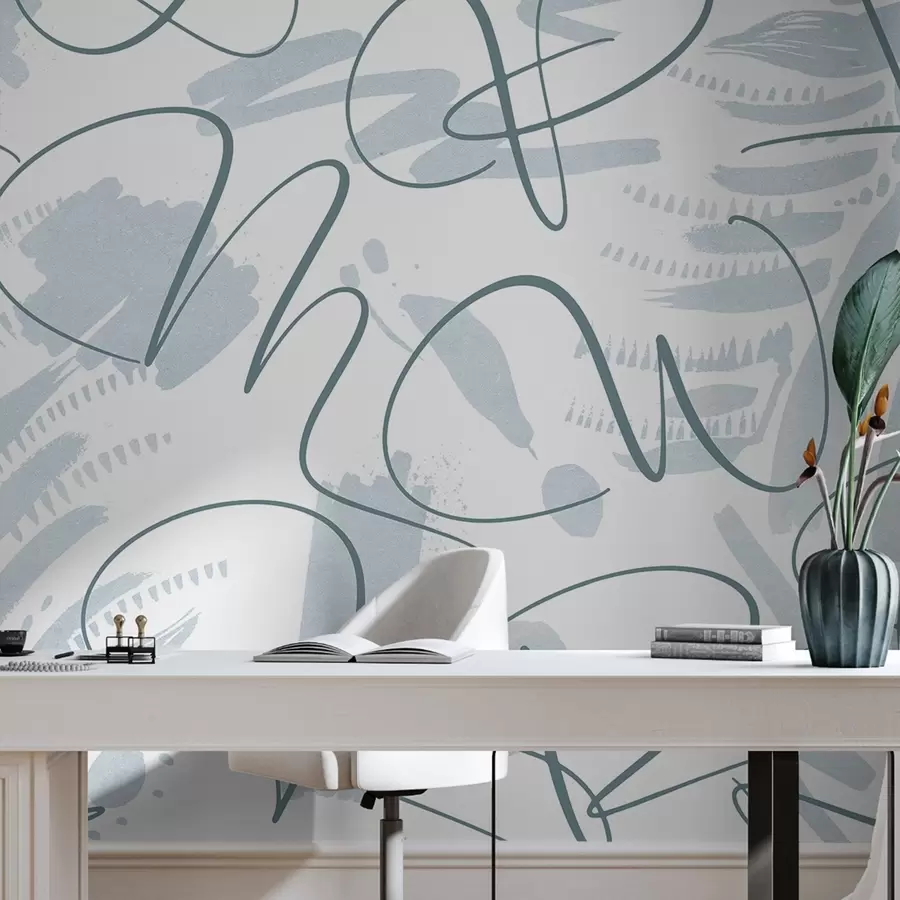 Valokuvatapetti Kalligrafinen abstraktio kirjaimilla, siveltimenvedoilla, sininen väri w03913v1