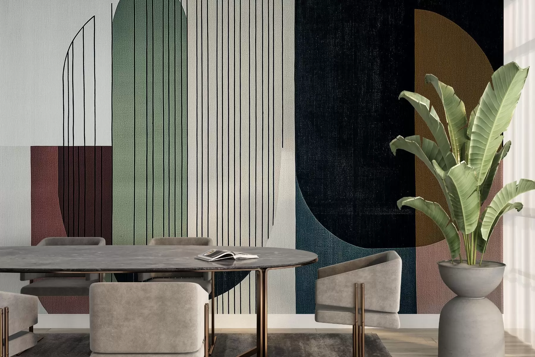 Valokuvatapetti moderni abstrakti geometrinen sommitelma, jossa on päällekkäisiä muotoja ja pystysuoria viivakuvioita, ohuita viivoja, jotka täyttävät puolisuunnikkaat ja soikiot, pehmeä tekstiilitekstiili, lämpimät mykistetyt sävyt, kuten oliivinvihreä, taupe, beige ja hiili, hienovarainen läpinäkyvyystehoste muotojen välillä w03937