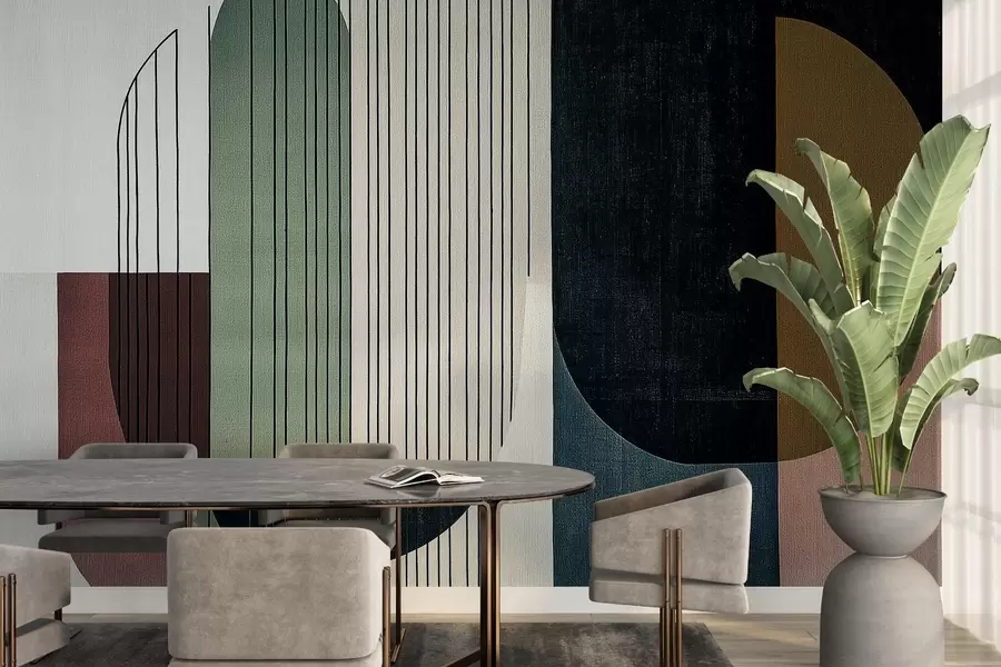 Valokuvatapetti moderni abstrakti geometrinen sommitelma, jossa on päällekkäisiä muotoja ja pystysuoria viivakuvioita, ohuita viivoja, jotka täyttävät puolisuunnikkaat ja soikiot, pehmeä tekstiilitekstiili, lämpimät mykistetyt sävyt, kuten oliivinvihreä, taupe, beige ja hiili, hienovarainen läpinäkyvyystehoste muotojen välillä w03937