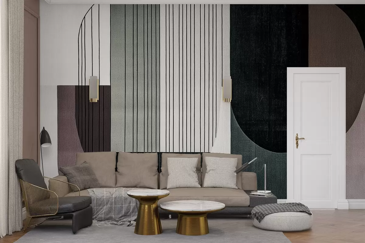 Valokuvatapetti moderni abstrakti geometrinen sommitelma, jossa on päällekkäisiä muotoja ja pystysuoria viivakuvioita, ohuita viivoja, jotka täyttävät puolisuunnikkaat ja soikiot, pehmeä tekstiilitekstiili, lämpimät mykistetyt sävyt, kuten oliivinvihreä, taupe, beige ja hiili, hienovarainen läpinäkyvyystehoste muotojen välillä w03937v1