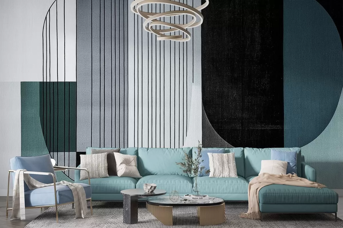 Valokuvatapetti moderni abstrakti geometrinen sommitelma, jossa on päällekkäisiä muotoja ja pystysuoria viivakuvioita, ohuita viivoja, jotka täyttävät puolisuunnikkaat ja soikiot, pehmeä tekstiilitekstiili, lämpimät mykistetyt sävyt, kuten oliivinvihreä, taupe, beige ja hiili, hienovarainen läpinäkyvyystehoste muotojen välillä w03937v2