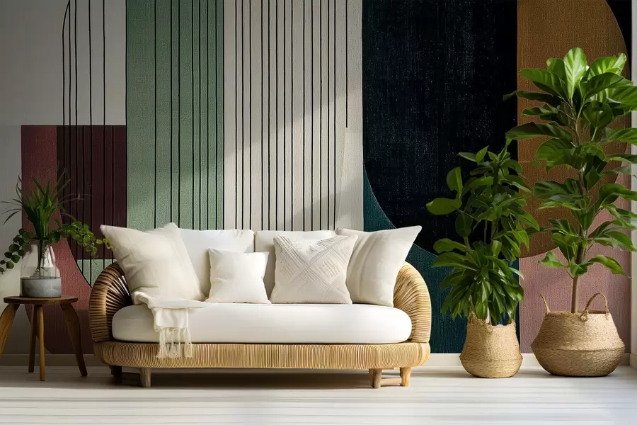 Valokuvatapetti moderni abstrakti geometrinen sommitelma, jossa on päällekkäisiä muotoja ja pystysuoria viivakuvioita, ohuita viivoja, jotka täyttävät puolisuunnikkaat ja soikiot, pehmeä tekstiilitekstiili, lämpimät mykistetyt sävyt, kuten oliivinvihreä, taupe, beige ja hiili, hienovarainen läpinäkyvyystehoste muotojen välillä w03937v3